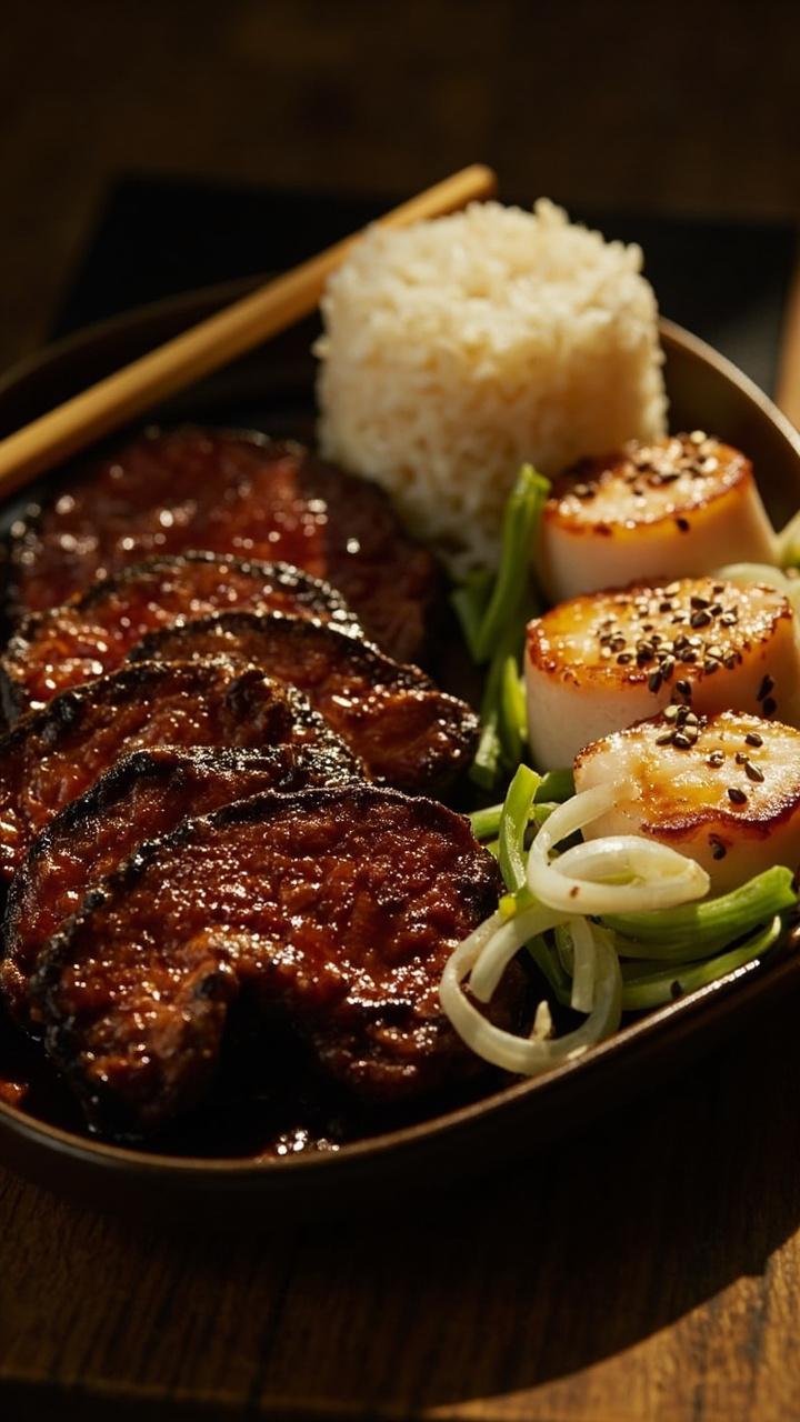 Sliced glazed steak with a shiny dark soy glaze next to three scallops sprinkled with toasted sesame seeds and sliced green onions, a small mound of steamed rice and a pair of chopsticks.