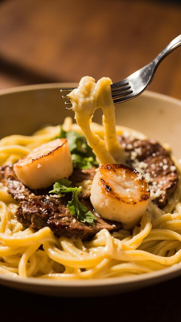 A shallow bowl of fettuccine coated in pale creamy alfredo sauce with sliced steak and three scallops on top, a sprinkle of grated parmesan and parsley, fork twirled into the pasta.