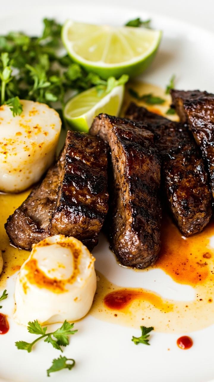 Dark blackened steak slices dusted with spices on a white plate beside three scallops with a light red chili oil drizzle, a wedge of lime and chopped cilantro for garnish.