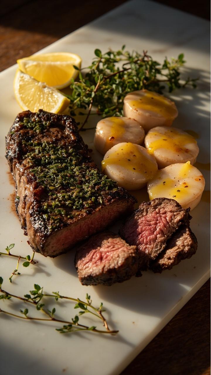 A New York strip with a green herb crust sliced and fanned next to three scallops glazed in pale lemon garlic butter, lemon wedge and a few sprigs of thyme on a marble slab.
