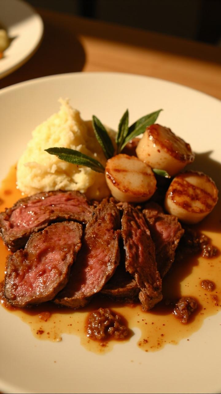 Slices of medium sirloin arranged beside three scallops sitting in a shimmering brown butter sauce with tiny browned bits, a few sage leaves and a warm potato side in the background.