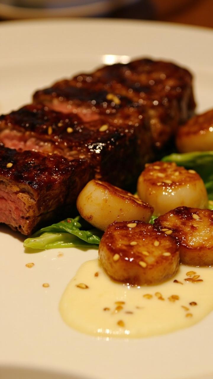 Sliced miso glazed steak beside scallops perched on wilted bok choy leaves, a smear of pale miso butter melting on top and sesame seeds scattered.