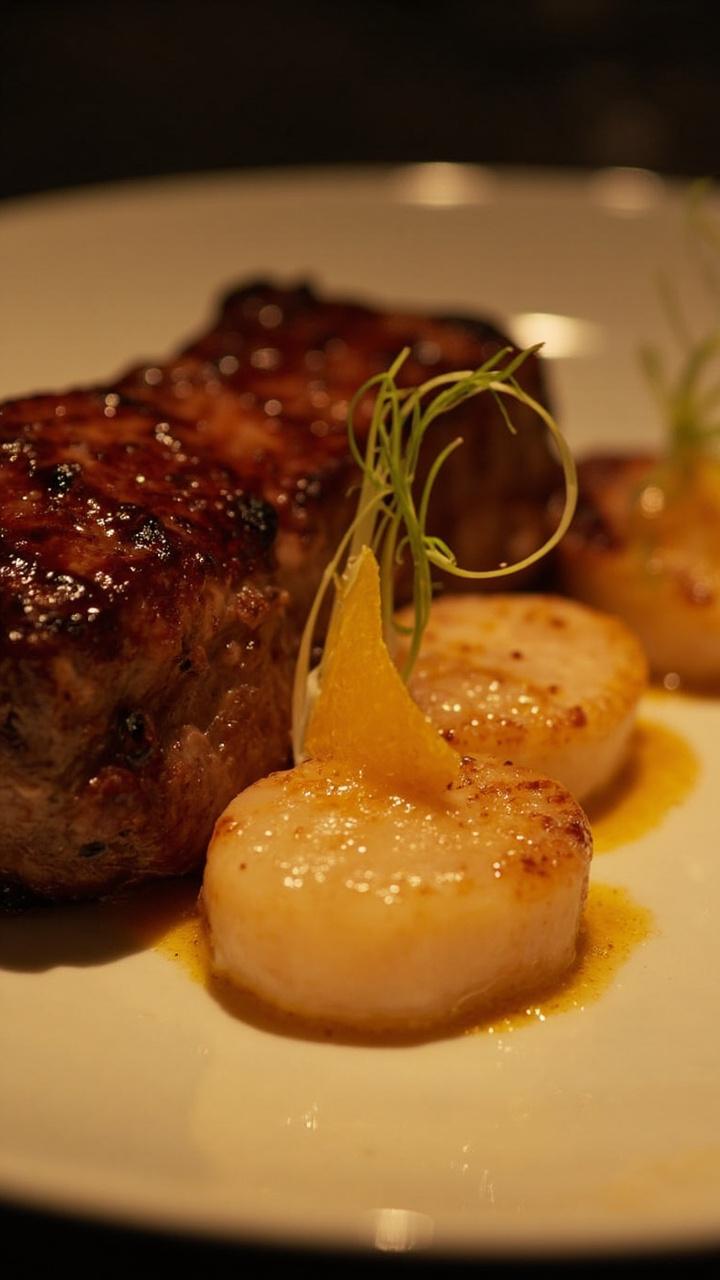 A steak glazed deep mahogany from brown sugar sitting next to three scallops glazed with a thin orange lemon sauce, a few citrus segments and a fennel frond for garnish.