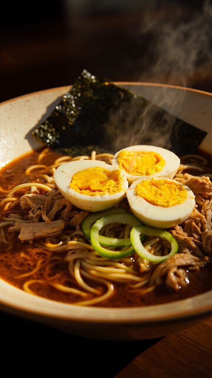 A deep ceramic bowl filled with clear brown broth and springy noodles topped with shredded golden chicken two soft boiled egg halves bright green scallion rings and a single dark nori strip resting across the edge
