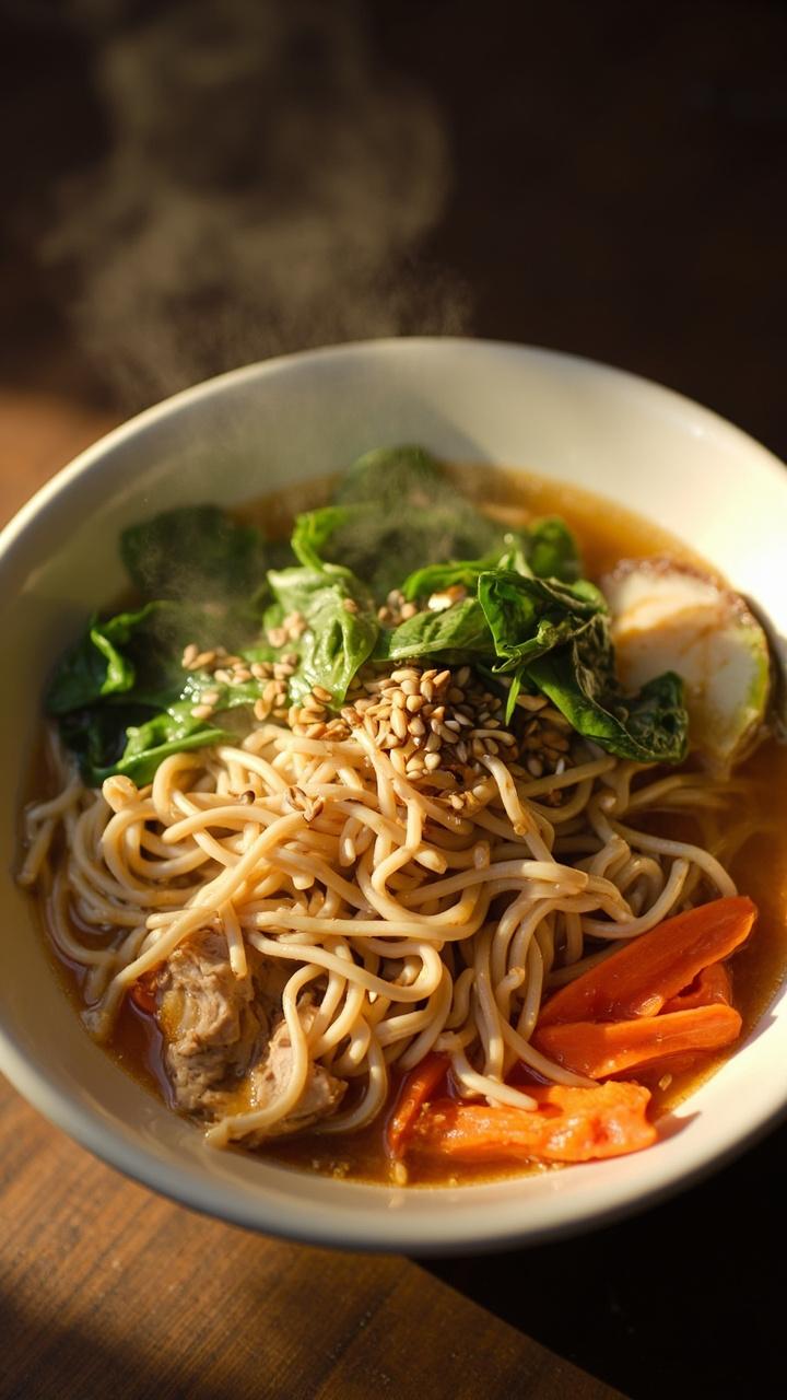A shallow bowl with clear broth and springy noodles shredded rotisserie chicken thinly sliced carrots and bright green spinach leaves with a sprinkling of sesame seeds on top