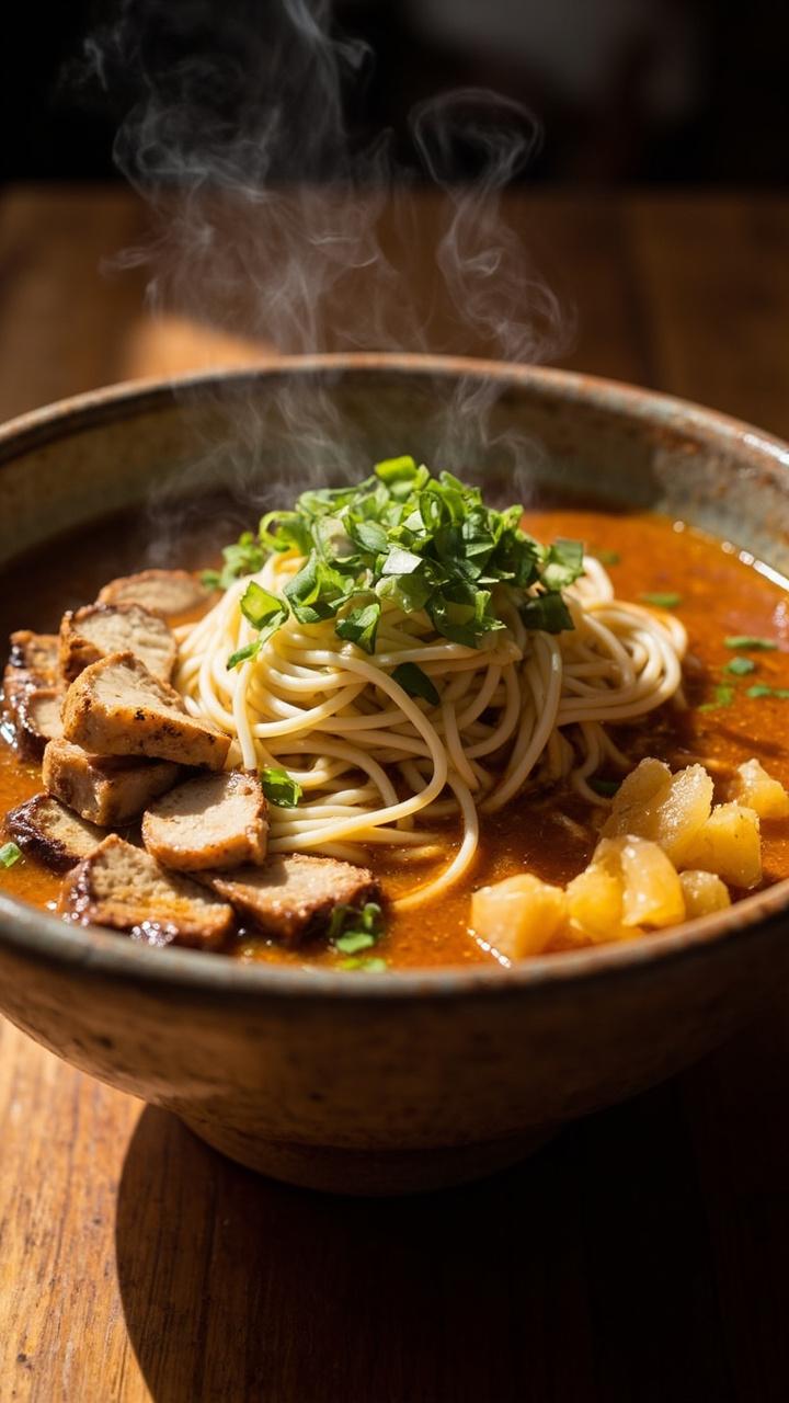 A rustic bowl with cloudy amber miso broth noodles sliced grilled chicken a scattering of chopped scallions and a small mound of pickled ginger on the side