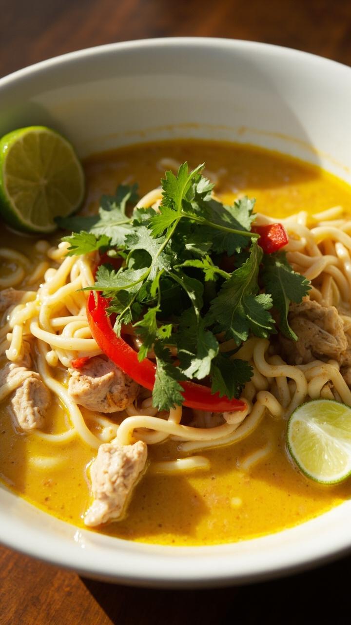 A white bowl with creamy pale yellow coconut curry broth noodles bite sized chicken pieces thin slices of red pepper and a lime wedge resting on the rim with cilantro leaves scattered on top