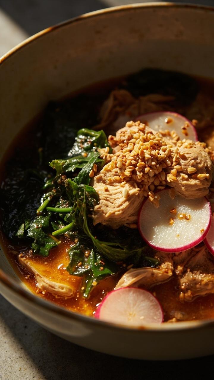 A deep bowl with clear savory broth nestling shredded roast chicken wilted baby spinach thinly sliced radishes and sesame seeds scattered on top