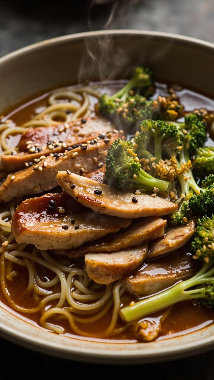 A wide bowl with light brown broth and noodles topped with thinly sliced grilled teriyaki glazed chicken char marks visible blanched broccolini florets and toasted sesame seeds