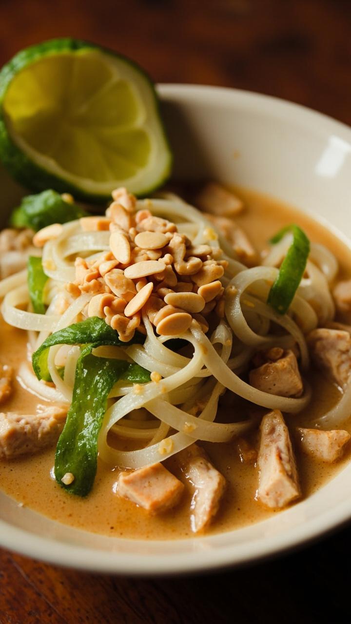 A shallow bowl with light tan creamy broth noodles bite sized chicken cubes thin cucumber ribbons crushed peanuts and a lime wedge on the rim