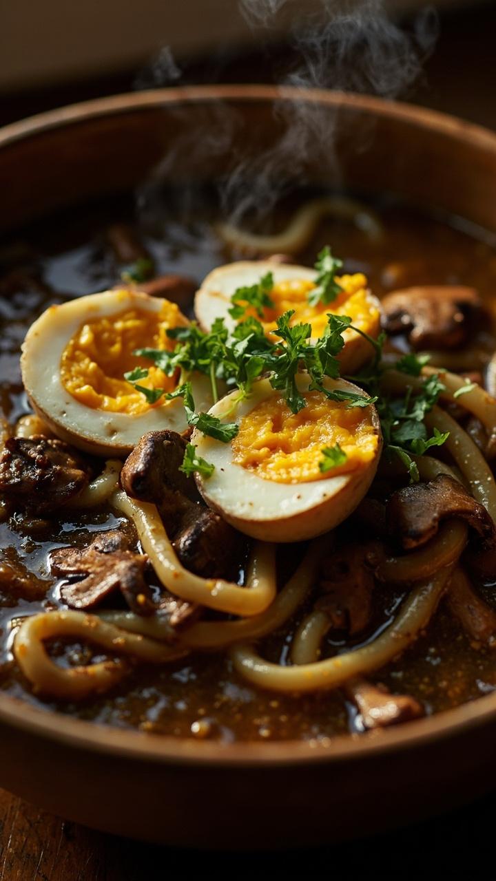 A warm bowl with dark mushroom flecked broth tangled noodles soft boiled egg halves sautéed brown mushrooms and a light sprinkle of chopped parsley