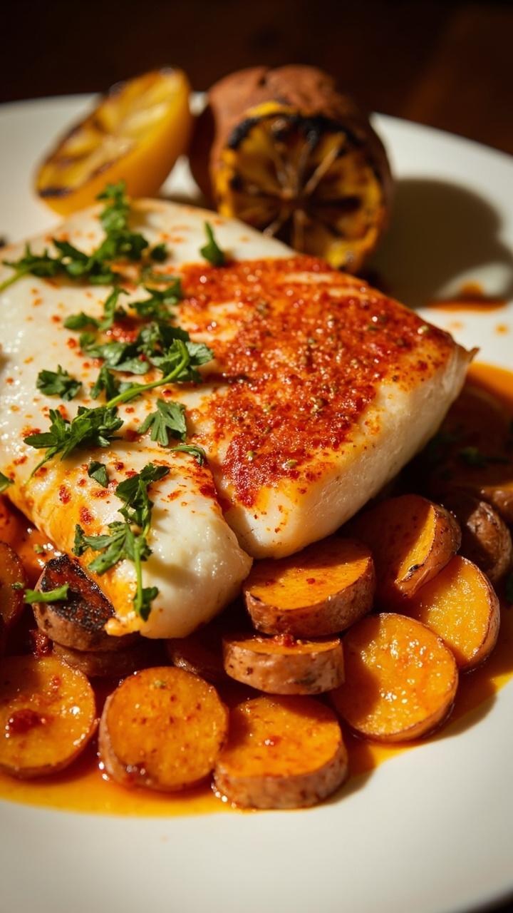 White fish fillet (like cod or snapper) plated on a bed of roasted sweet potato rounds, the fish brushed with red harissa and sprinkled with chopped parsley. There’s a side of charred lemon halves and a simple white dish. White fish fillet (like cod or snapper) plated on a bed of roasted sweet potato rounds, the fish brushed with red harissa and sprinkled with chopped parsley. There’s a side of charred lemon halves and a simple white dish.