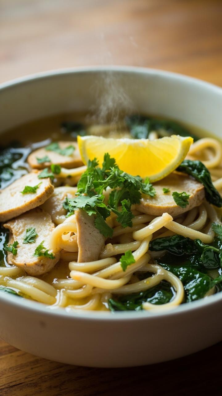 A clean white bowl with pale broth noodles sliced chicken thin lemon wedges wilted spinach and a scattering of chopped parsley