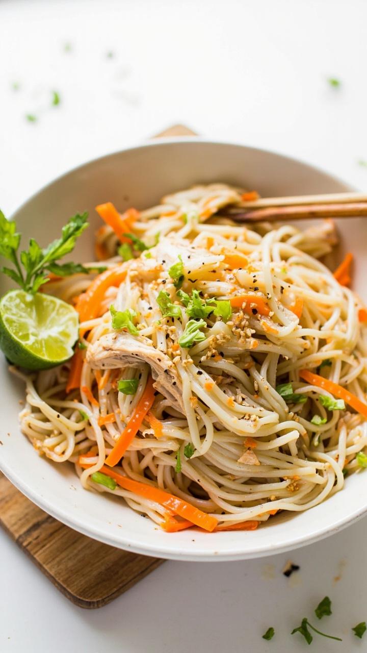 A shallow bowl of chilled noodles tossed with shredded chicken julienned carrots sliced scallions sesame seeds and a wedge of lime on the side