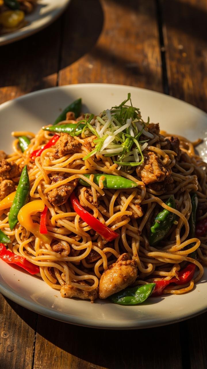 A wide shallow plate with glossy stir fried noodles chunks of browned chicken bright bell pepper strips snap peas and a sprinkle of sliced scallions on top