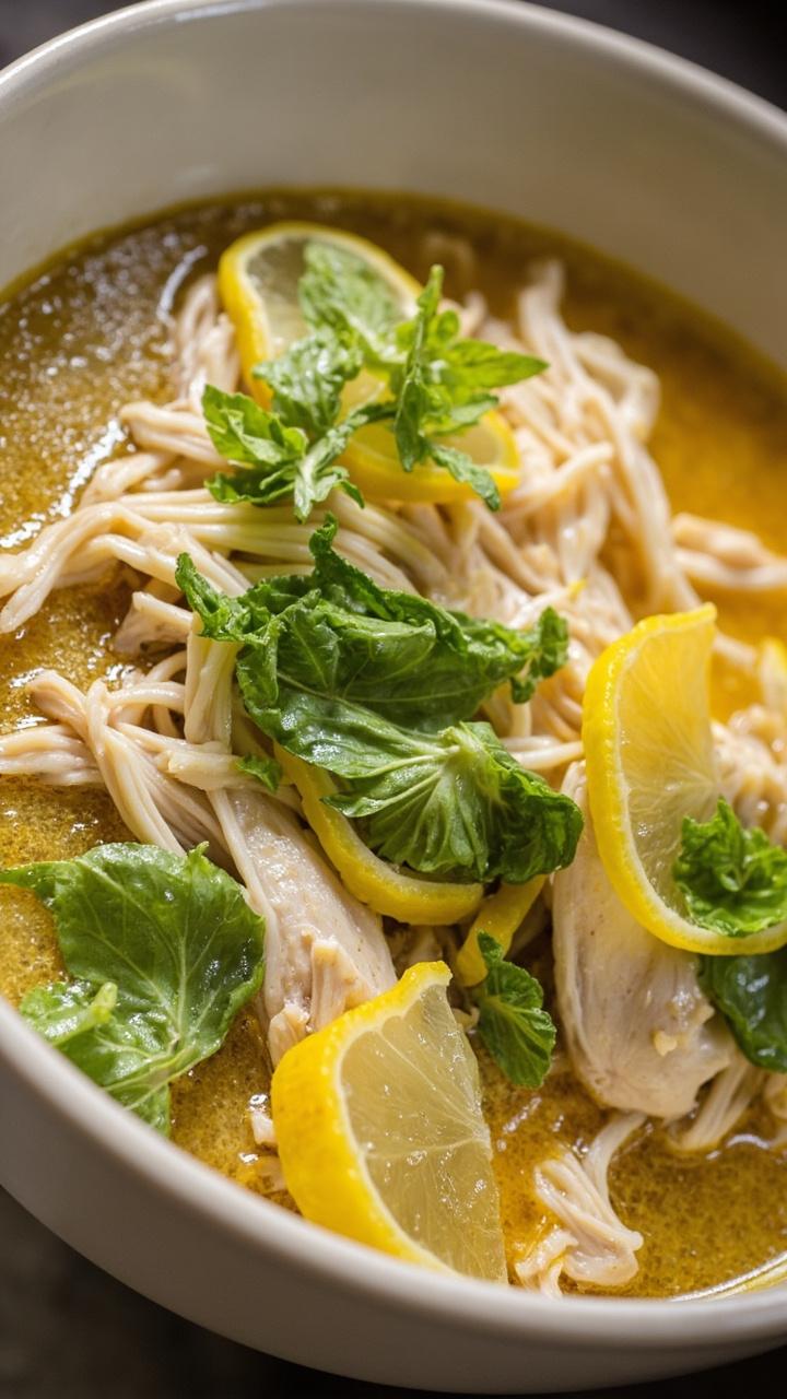 A pale bowl with clear broth and noodles topped with shredded chicken torn basil leaves mint leaves and thin lemon slices floating gently