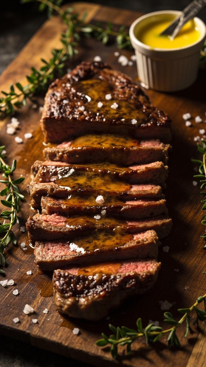 A thick seared ribeye sliced on a wooden board, glossy garlic butter pooled on top, sprigs of thyme scattered around, coarse sea salt crystals, a small ramekin of extra butter beside it