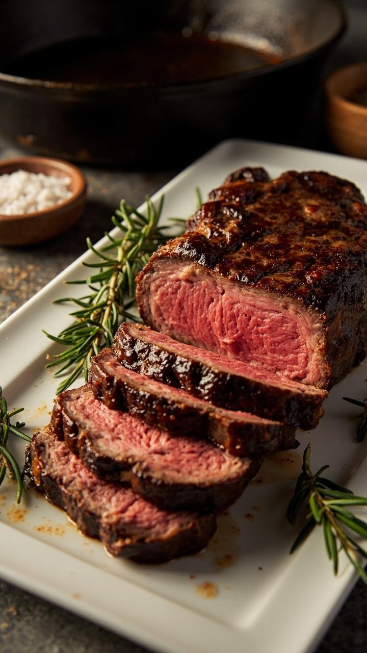 Sliced ribeye with an even pink interior on a white platter, dark crusted outer edges, a few rosemary sprigs, a small bowl of coarse salt and cracked pepper, a cast iron skillet in the background