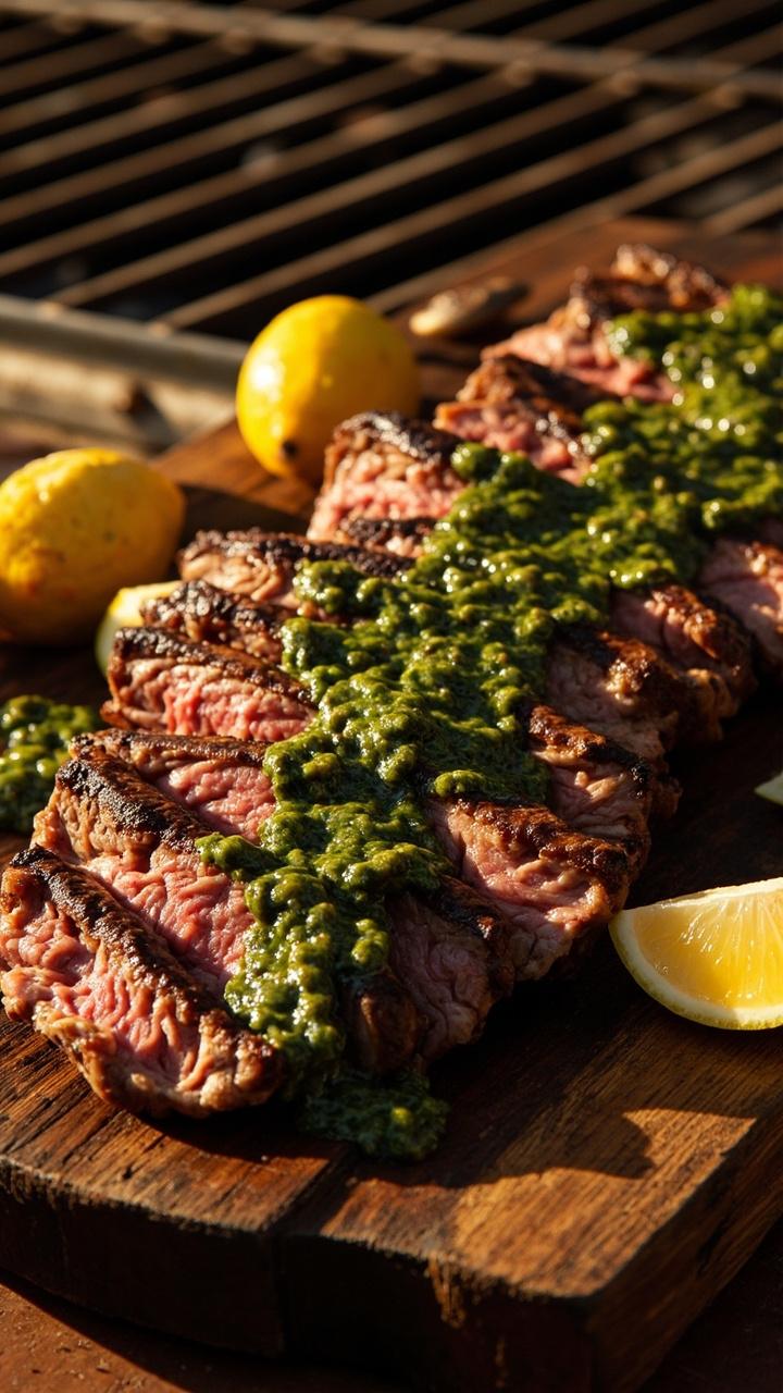 Thick grilled ribeye slices fanned on a rustic platter, bright green chimichurri spooned over one side, lemon wedges, a charred grill grate in the background