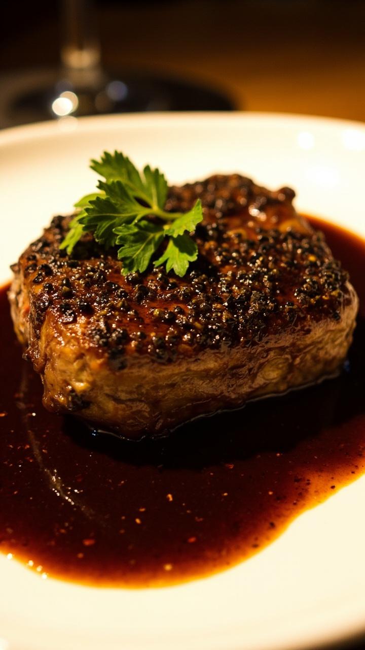 A pepper-crusted ribeye on a clean white plate with a glossy brown pan sauce pooled beside it, smashed peppercorns visible on the crust, a small sprig of parsley for color