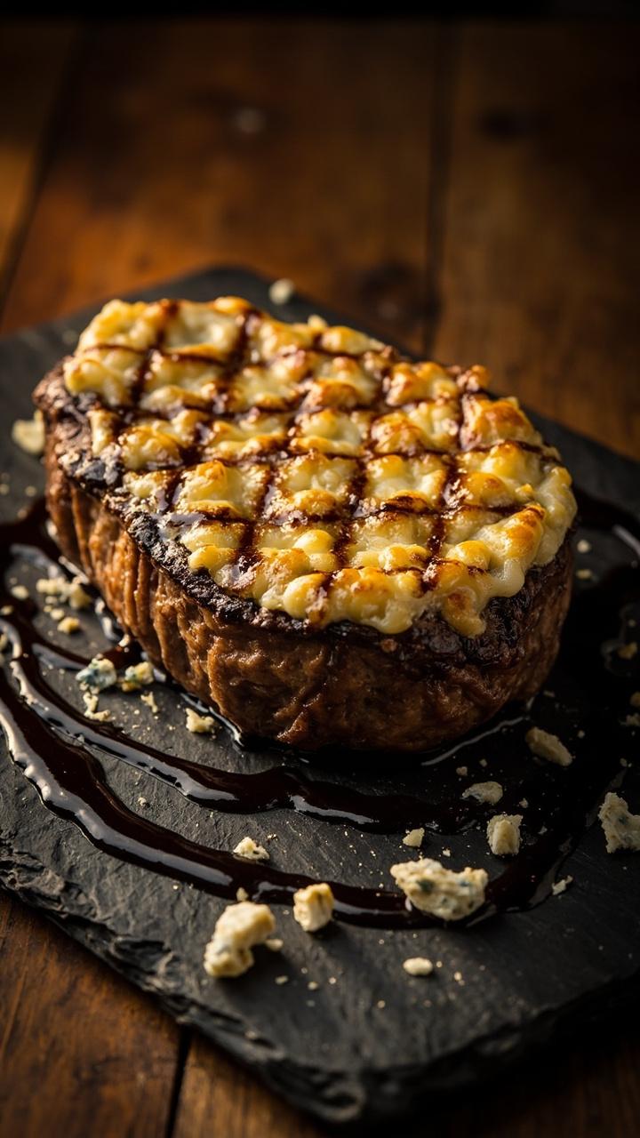 A ribeye topped with a golden bubbly blue cheese crust on a slate board, small crumbles of blue cheese around the plate, a drizzle of balsamic reduction alongside
