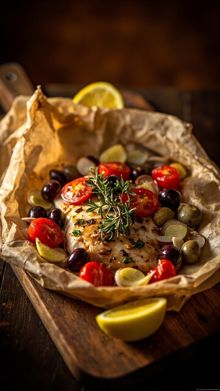 A pouch of parchment cut open to reveal a sea bass fillet topped with halved cherry tomatoes, kalamata olives, sliced garlic, and sprigs of thyme. The parchment sits on a wooden platter, garnished with lemon wedges. A pouch of parchment cut open to reveal a sea bass fillet topped with halved cherry tomatoes, kalamata olives, sliced garlic, and sprigs of thyme. The parchment sits on a wooden platter, garnished with lemon wedges.