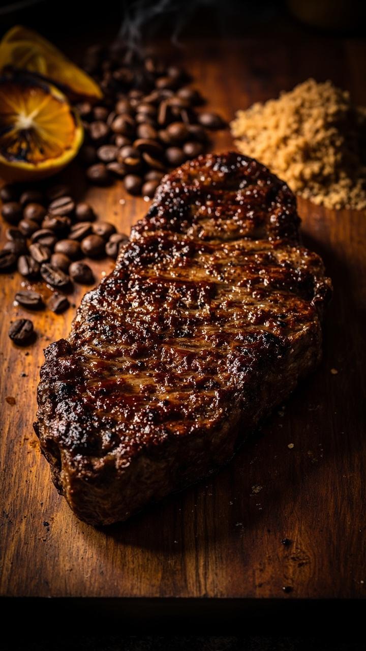 A ribeye with a dark, caramelized crust on a wooden board, visible coarse rub texture, coffee beans and a small pile of brown sugar beside the steak, a charred lemon half