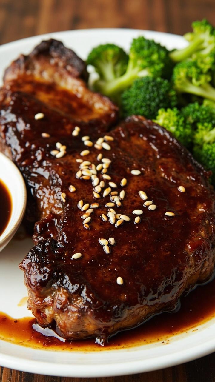 A ribeye brushed with a dark glossy soy honey glaze on a round plate, a few sesame seeds on top, steamed broccoli florets on the side, a small bowl of extra glaze