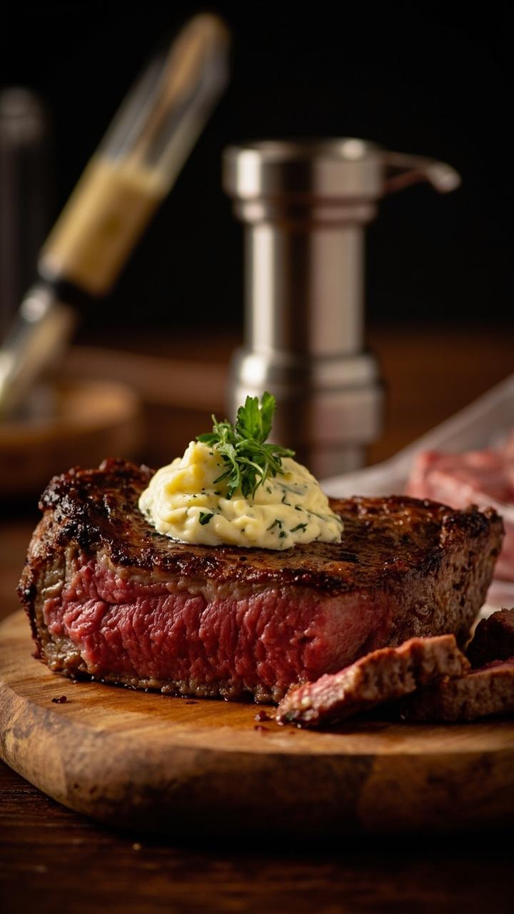 A perfectly medium rare ribeye sliced on a cutting board with a small quenelle of herb butter melting on top, sous vide bag and immersion circulator visible in the background