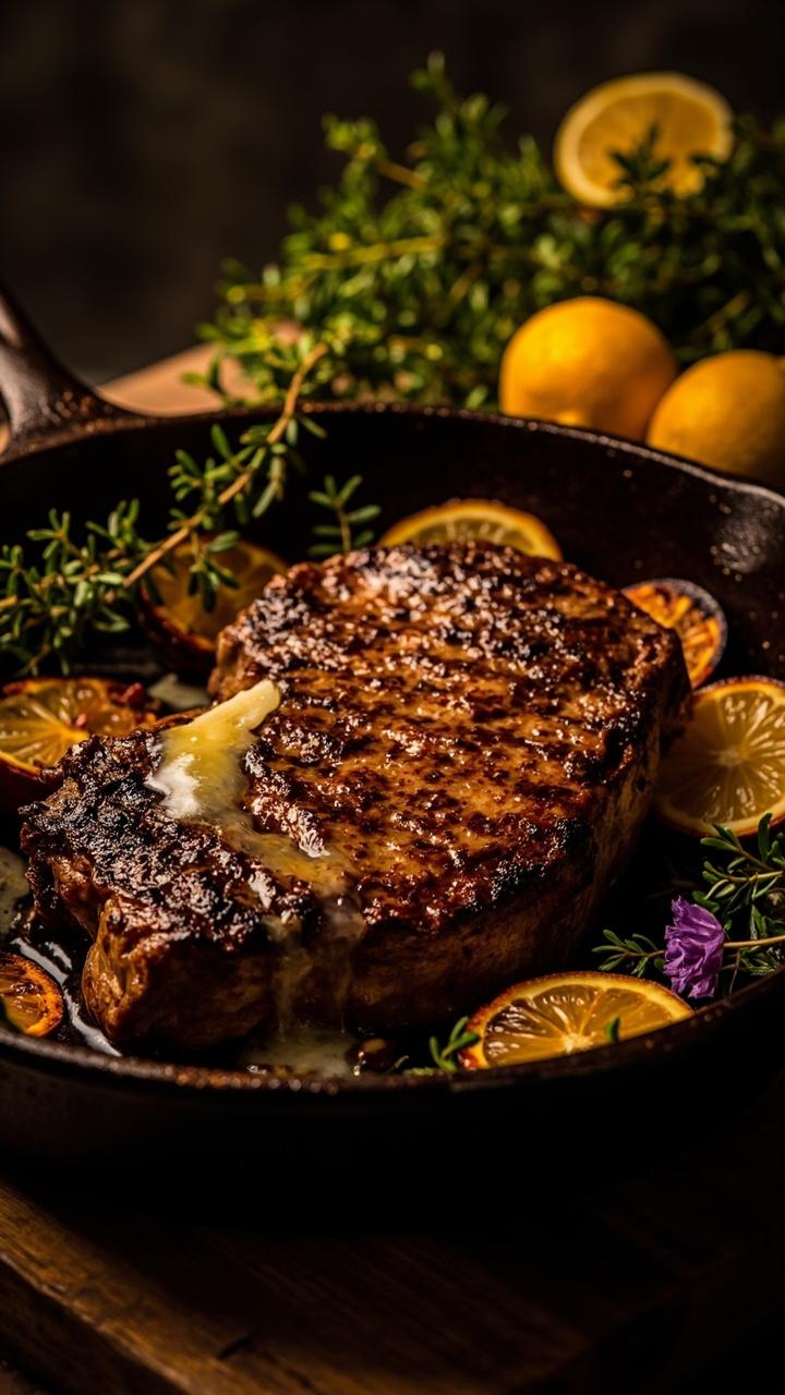 A whole ribeye resting in a cast iron skillet with a brown crust, lemon halves charred nearby, fresh thyme sprigs scattered, a forgiving drizzle of butter sheen