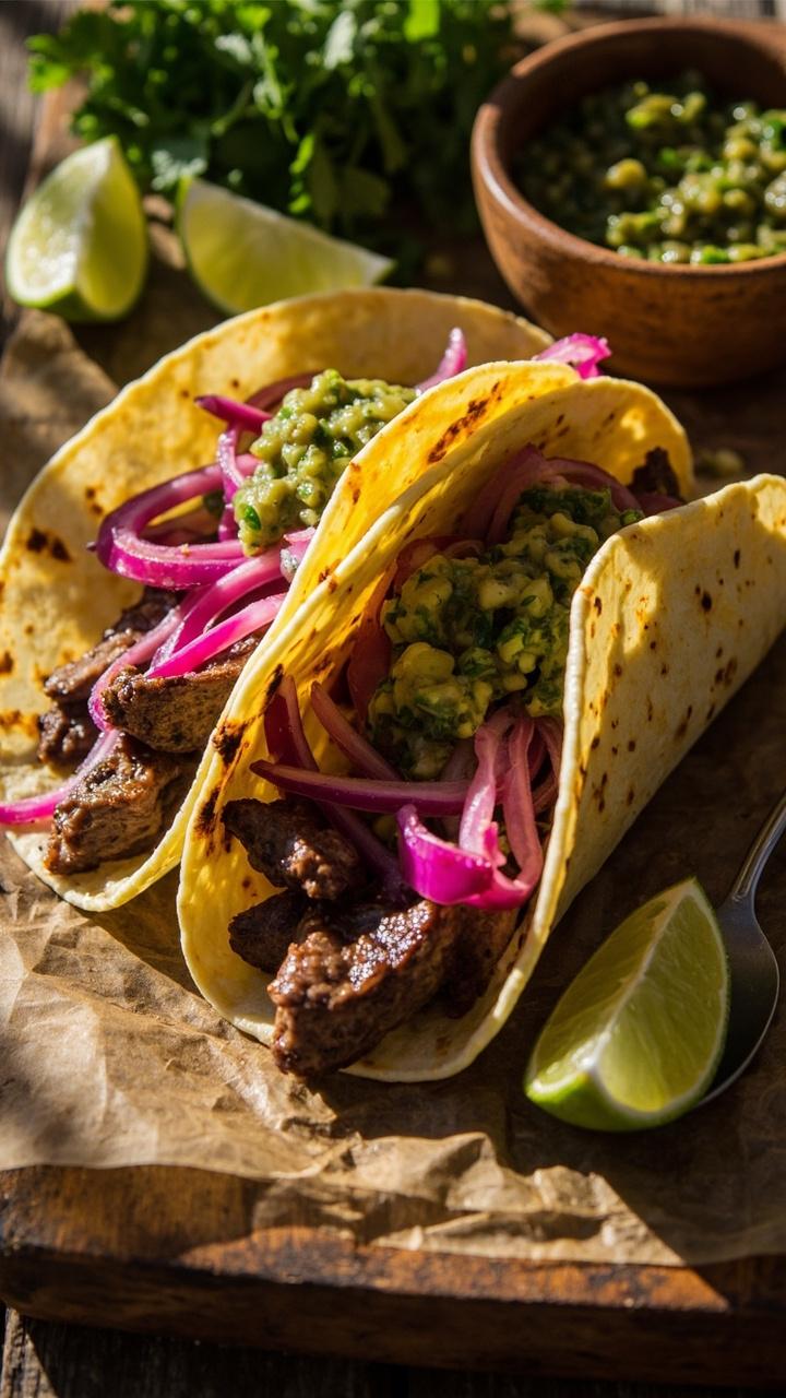 Soft corn tortillas filled with sliced ribeye, bright pink pickled onions, a spoonful of green salsa, lime wedges on the side, a small bowl of cilantro