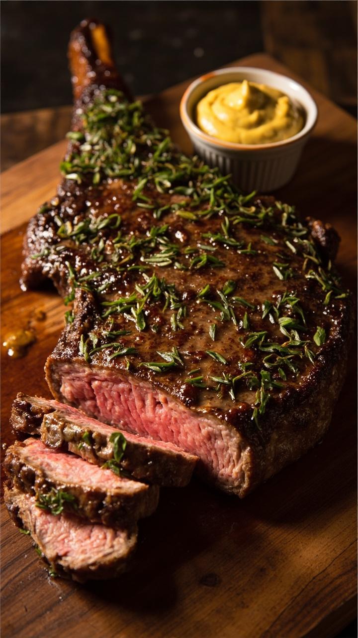 A whole ribeye crusted with chopped herbs and a mustard glaze, thin slices fanned on a board, green herb speckles contrasting with the brown sear, a small bowl of extra Dijon