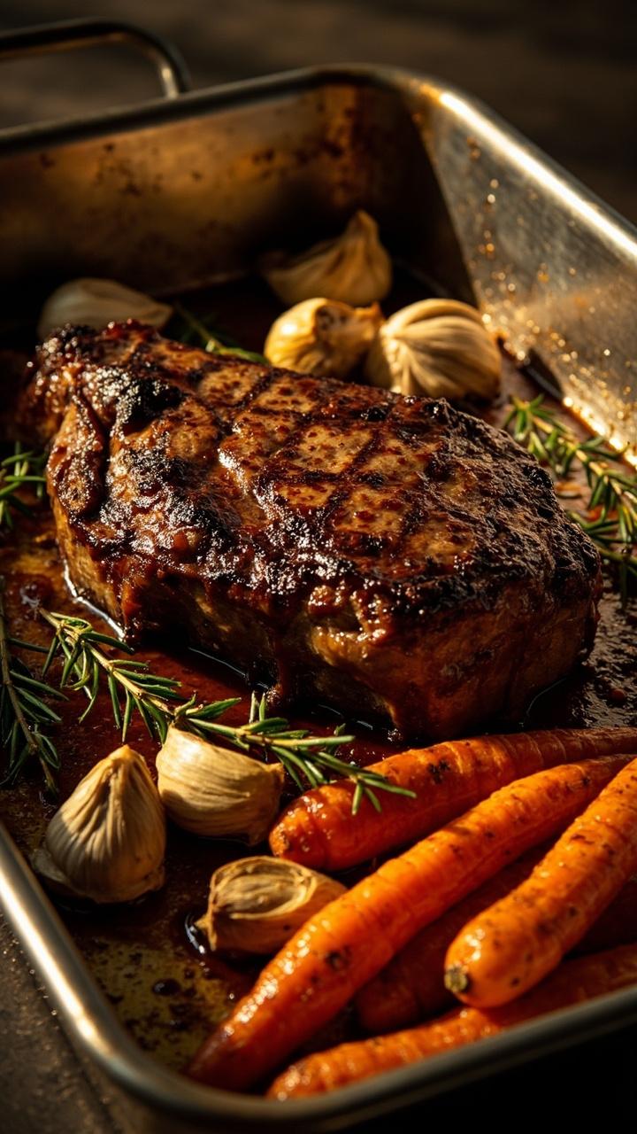 A roasted ribeye on a roasting pan with browned garlic cloves and thyme sprigs around, a bed of roasted baby carrots beside it, juices glistening on the meat