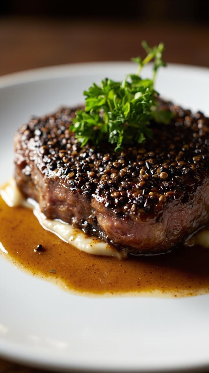 A ribeye encrusted with cracked pepper on a shallow white plate, creamy light brown sauce pooled beneath, a sprig of parsley for color, coarse pepper visible on the crust
