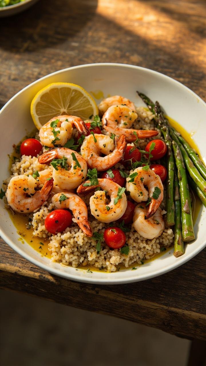 Grilled lemon garlic shrimp on a bed of fluffy quinoa, roasted asparagus spears, halved cherry tomatoes, a drizzle of olive oil, lemon wedge and chopped parsley, served in a shallow white bowl on a wooden table Grilled lemon garlic shrimp on a bed of fluffy quinoa, roasted asparagus spears, halved cherry tomatoes, a drizzle of olive oil, lemon wedge and chopped parsley, served in a shallow white bowl on a wooden table