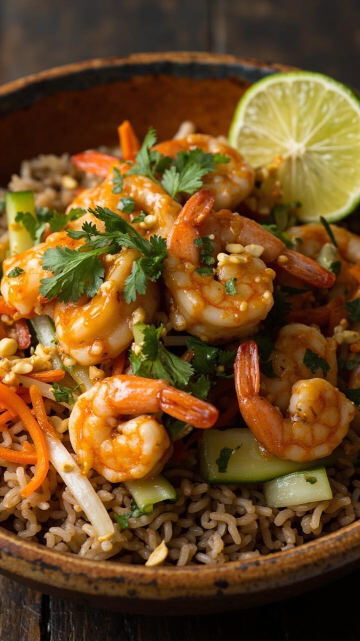 Sautéed shrimp glazed in spicy peanut lime sauce over steamed brown rice, sliced cucumber, shredded carrots, a sprinkle of chopped cilantro and crushed peanuts on a round ceramic bowl with a lime half on the side Sautéed shrimp glazed in spicy peanut lime sauce over steamed brown rice, sliced cucumber, shredded carrots, a sprinkle of chopped cilantro and crushed peanuts on a round ceramic bowl with a lime half on the side