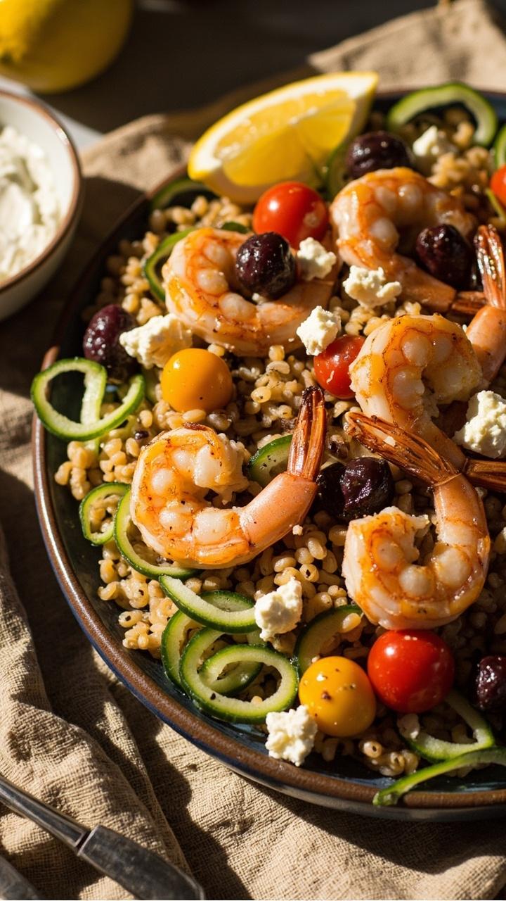 Pan seared shrimp sitting on chewy farro, cucumber ribbons, cherry tomatoes, crumbled feta, kalamata olives, a lemon wedge and a small bowl of tzatziki beside the bowl on a rustic linen Pan seared shrimp sitting on chewy farro, cucumber ribbons, cherry tomatoes, crumbled feta, kalamata olives, a lemon wedge and a small bowl of tzatziki beside the bowl on a rustic linen