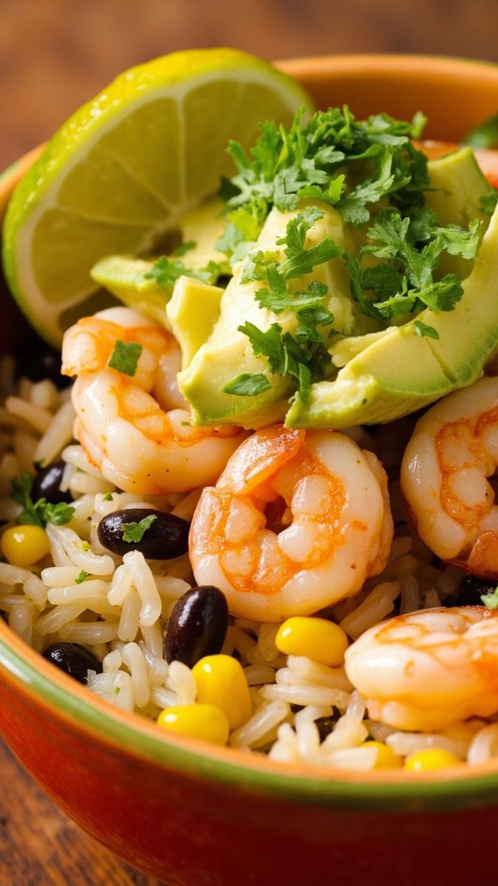 Cilantro lime shrimp over cilantro lime rice, black beans, corn kernels, diced avocado slices and a sprinkle of chopped cilantro, served in a deep bowl with a lime half Cilantro lime shrimp over cilantro lime rice, black beans, corn kernels, diced avocado slices and a sprinkle of chopped cilantro, served in a deep bowl with a lime half