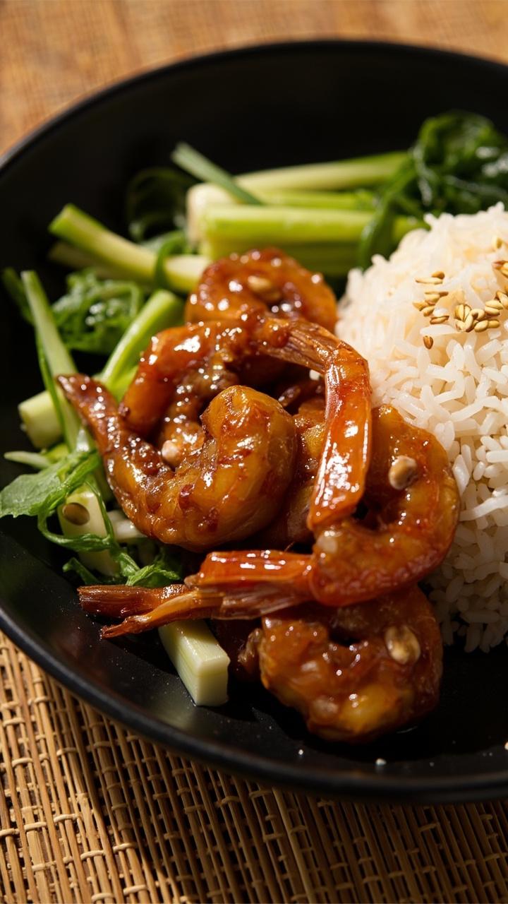 Glazed teriyaki shrimp arranged next to steamed jasmine rice, sautéed baby bok choy, sliced scallions and toasted sesame seeds, served in a shallow black bowl on a bamboo placemat Glazed teriyaki shrimp arranged next to steamed jasmine rice, sautéed baby bok choy, sliced scallions and toasted sesame seeds, served in a shallow black bowl on a bamboo placemat
