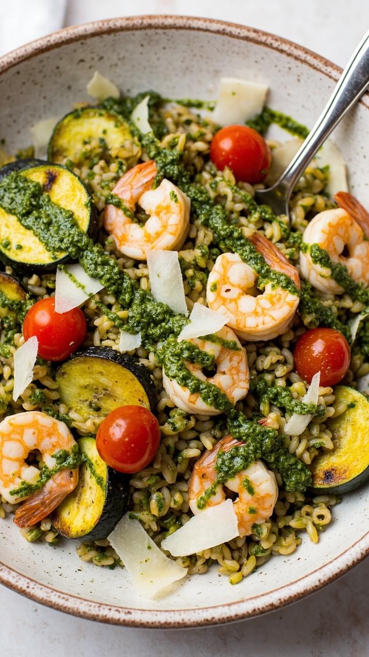 Pesto tossed shrimp and farro, roasted zucchini slices, halved grape tomatoes, a drizzle of extra pesto and shaved Parmesan on top in a wide neutral bowl Pesto tossed shrimp and farro, roasted zucchini slices, halved grape tomatoes, a drizzle of extra pesto and shaved Parmesan on top in a wide neutral bowl