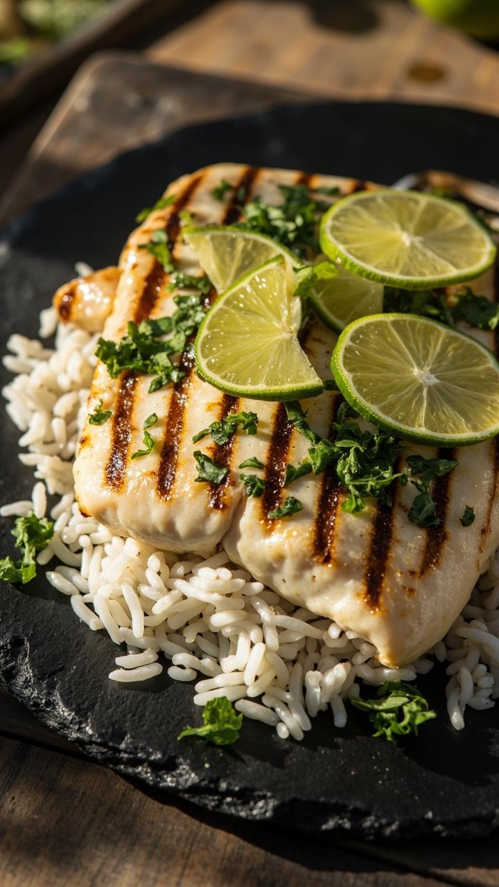 Grilled mahi mahi fillets with cross-hatch grill marks, garnished with chopped cilantro and thin lime wheels. The fish sits over fluffy rice on a slate platter, with a casual outdoor vibe. Grilled mahi mahi fillets with cross-hatch grill marks, garnished with chopped cilantro and thin lime wheels. The fish sits over fluffy rice on a slate platter, with a casual outdoor vibe.