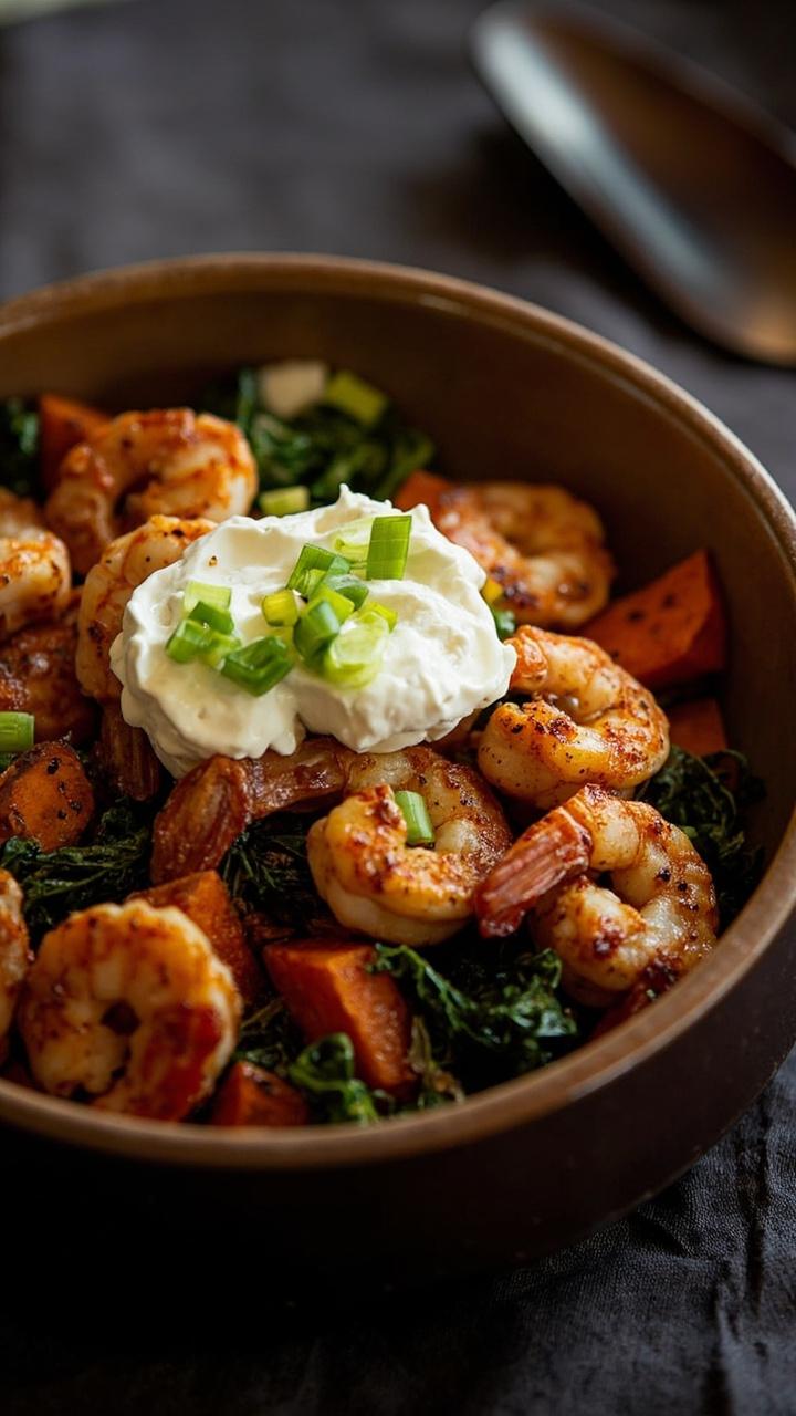 Cajun spiced shrimp on roasted sweet potato cubes, wilted kale, a spoonful of Greek yogurt, chopped green onions, served in a deep ceramic bowl on a dark linen Cajun spiced shrimp on roasted sweet potato cubes, wilted kale, a spoonful of Greek yogurt, chopped green onions, served in a deep ceramic bowl on a dark linen
