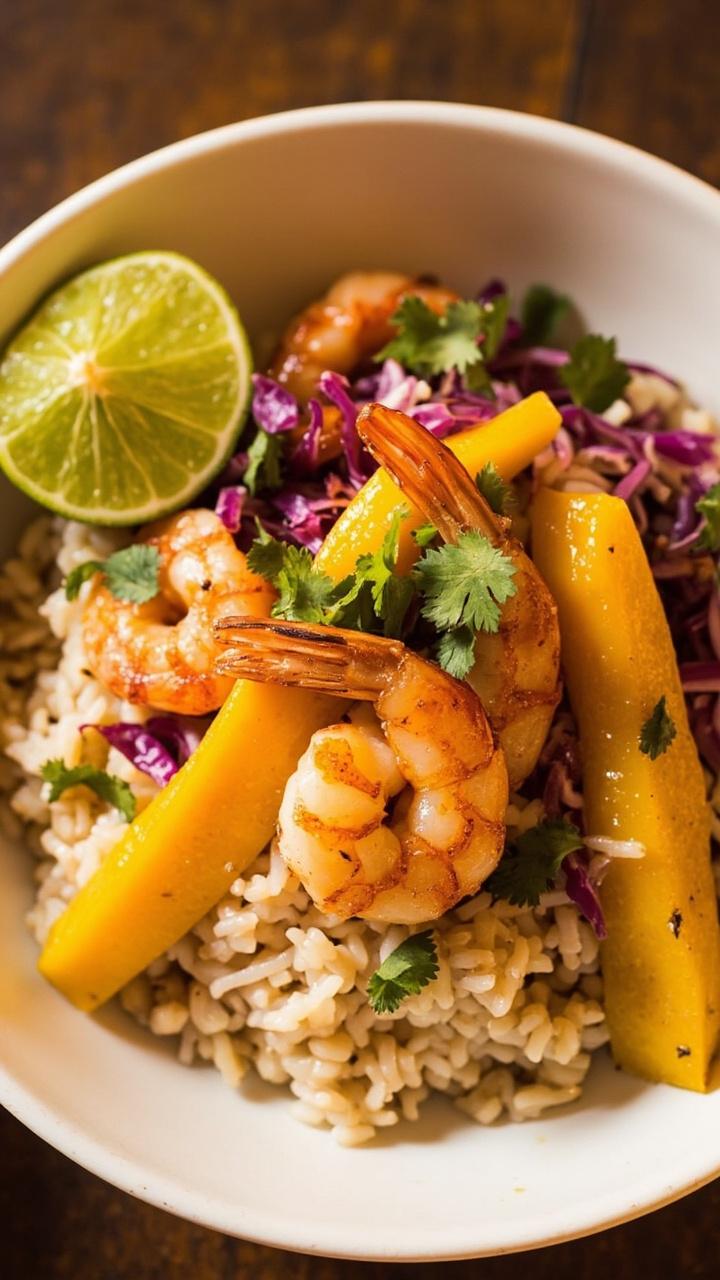 Coconut jasmine rice with grilled mango slices, pan seared shrimp, shredded red cabbage, a sprinkle of chopped cilantro and lime wedge on the side in a shallow bowl Coconut jasmine rice with grilled mango slices, pan seared shrimp, shredded red cabbage, a sprinkle of chopped cilantro and lime wedge on the side in a shallow bowl