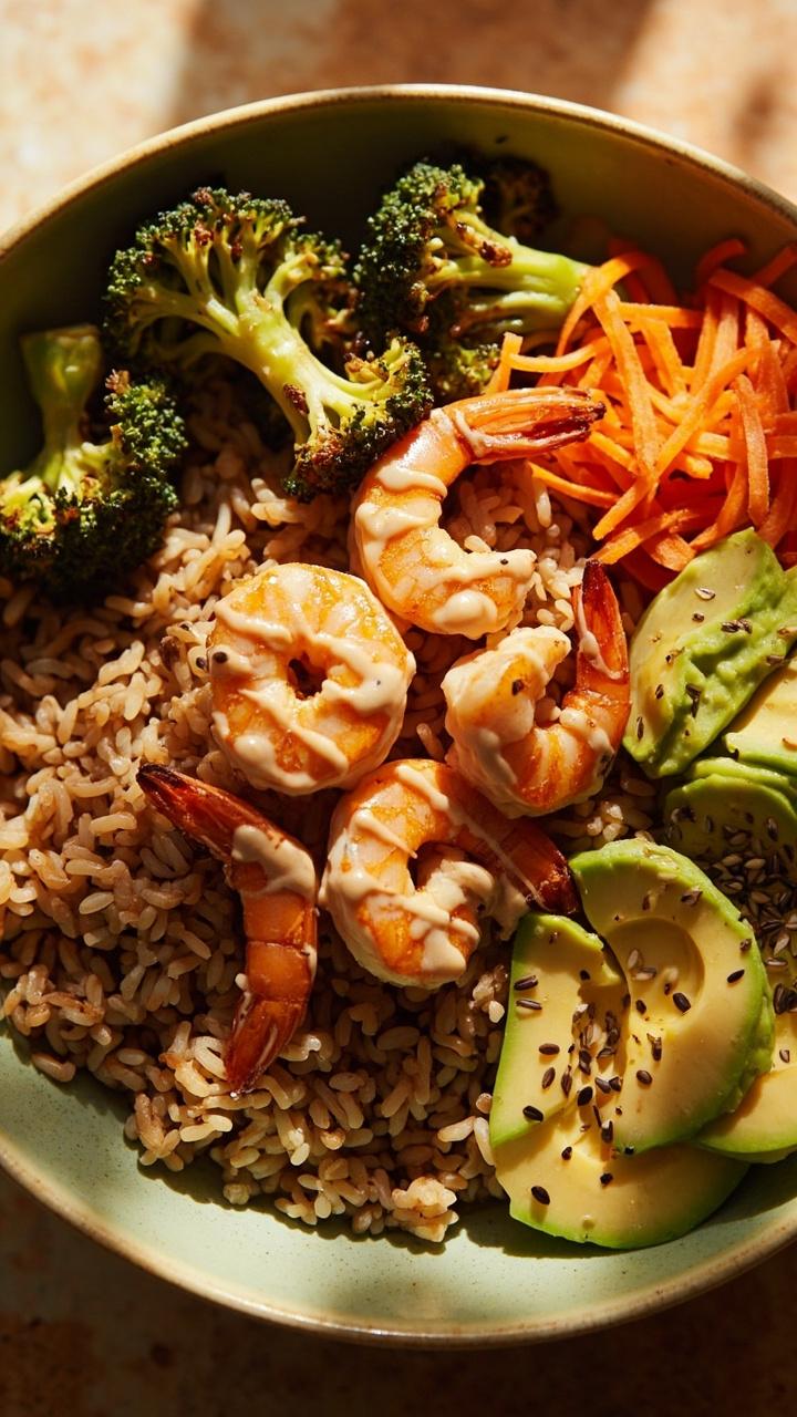 Roasted shrimp with a shimmer of tahini drizzle, brown rice, roasted broccoli florets, shredded carrots, sliced avocado and a sprinkle of sesame seeds in a wide bowl Roasted shrimp with a shimmer of tahini drizzle, brown rice, roasted broccoli florets, shredded carrots, sliced avocado and a sprinkle of sesame seeds in a wide bowl