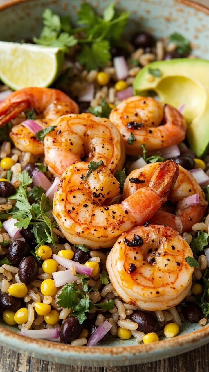 Chipotle spiced shrimp on a bed of cilantro rice, black beans and charred corn, diced red onion, avocado slices and a lime wedge on the side in a shallow ceramic bowl Chipotle spiced shrimp on a bed of cilantro rice, black beans and charred corn, diced red onion, avocado slices and a lime wedge on the side in a shallow ceramic bowl