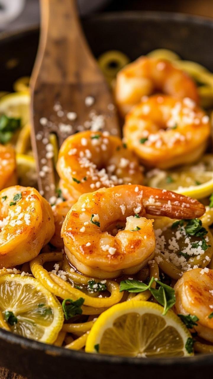 Golden garlic butter shrimp resting on a nest of zucchini noodles, thin lemon slices, grated Parmesan, chopped parsley and a wooden fork placed in the bowl Golden garlic butter shrimp resting on a nest of zucchini noodles, thin lemon slices, grated Parmesan, chopped parsley and a wooden fork placed in the bowl