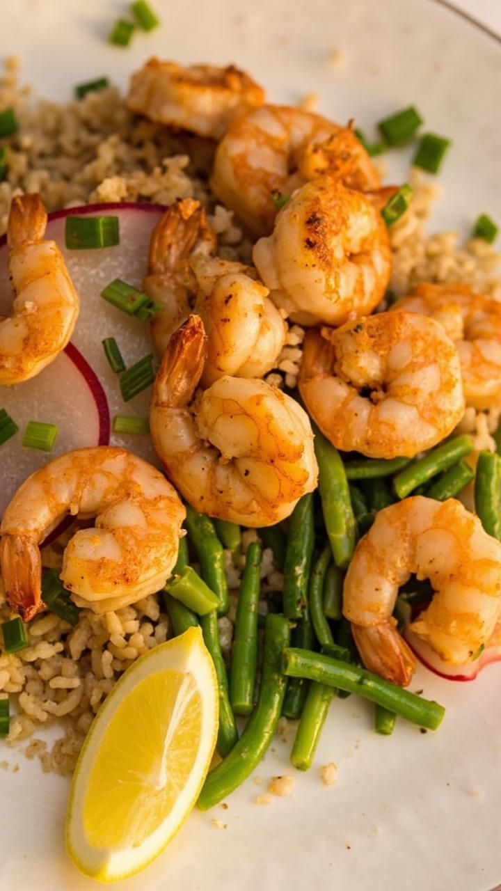 Sautéed shrimp on a bed that is half brown rice half cauliflower rice, steamed green beans, sliced radish for crunch, a lemon wedge and a scattering of chopped chives Sautéed shrimp on a bed that is half brown rice half cauliflower rice, steamed green beans, sliced radish for crunch, a lemon wedge and a scattering of chopped chives