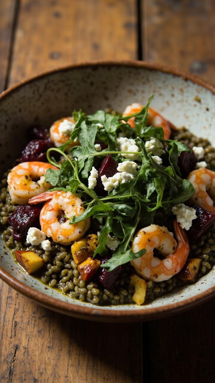 Herb marinated shrimp on a bed of green lentils, roasted beet cubes, arugula, crumbled goat cheese and a drizzle of vinaigrette in a rustic shallow bowl Herb marinated shrimp on a bed of green lentils, roasted beet cubes, arugula, crumbled goat cheese and a drizzle of vinaigrette in a rustic shallow bowl