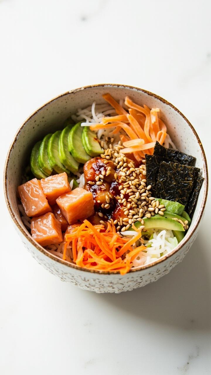 A bowl layered with white sushi rice, cubed cooked salmon, fanned avocado slices, matchstick carrots, crunchy cucumber, scattered sesame seeds, and a drizzle of soy sauce. Slices of nori rest on the side. A bowl layered with white sushi rice, cubed cooked salmon, fanned avocado slices, matchstick carrots, crunchy cucumber, scattered sesame seeds, and a drizzle of soy sauce. Slices of nori rest on the side.