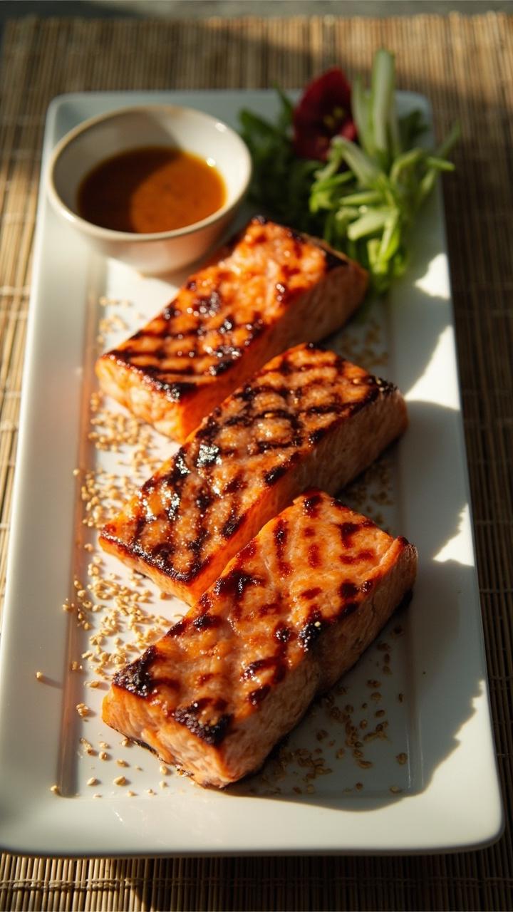 Three salmon fillets glazed to a deep amber shine on a rectangular platter a small bowl of extra honey garlic sauce beside them sprinkled sesame seeds and thinly sliced green onions a bamboo mat or simple wooden board beneath the platter